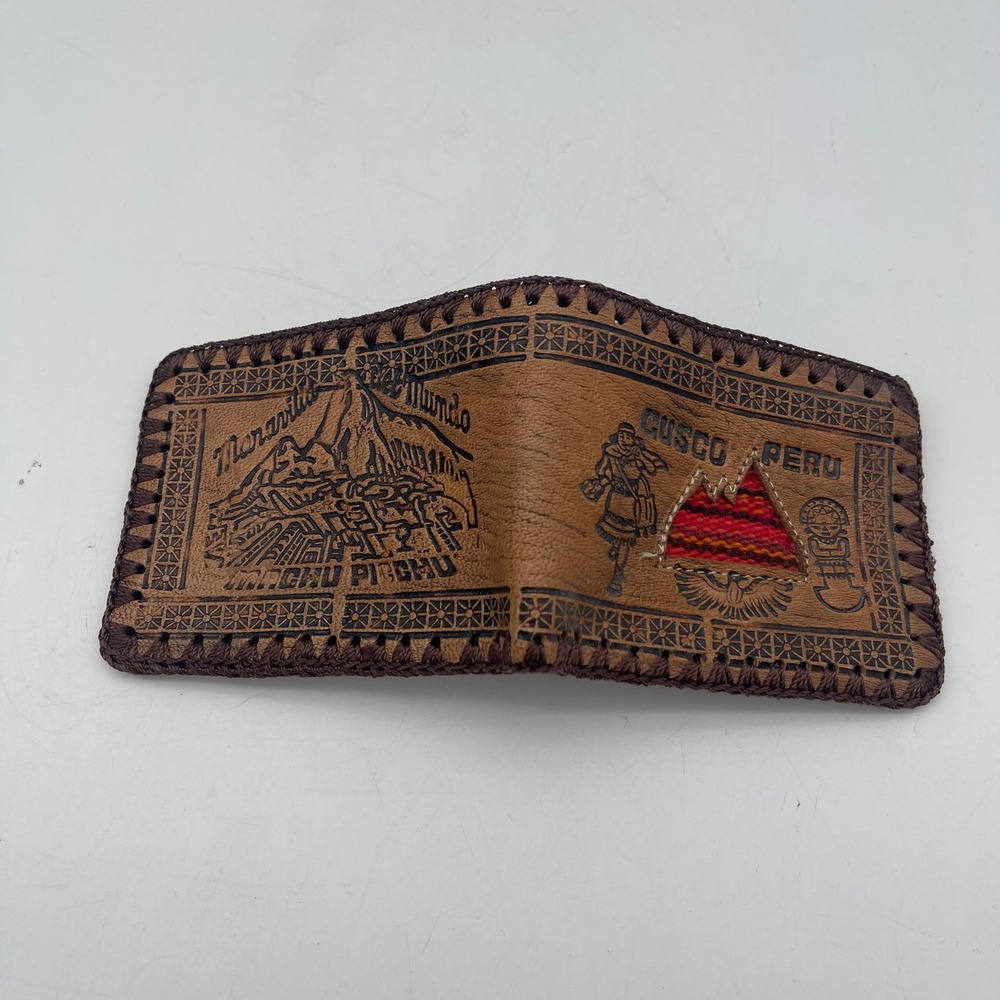 Vintage Peru Machu Picchu Cusco Brown Leather Tooled Bifold Wallet Whipstitch